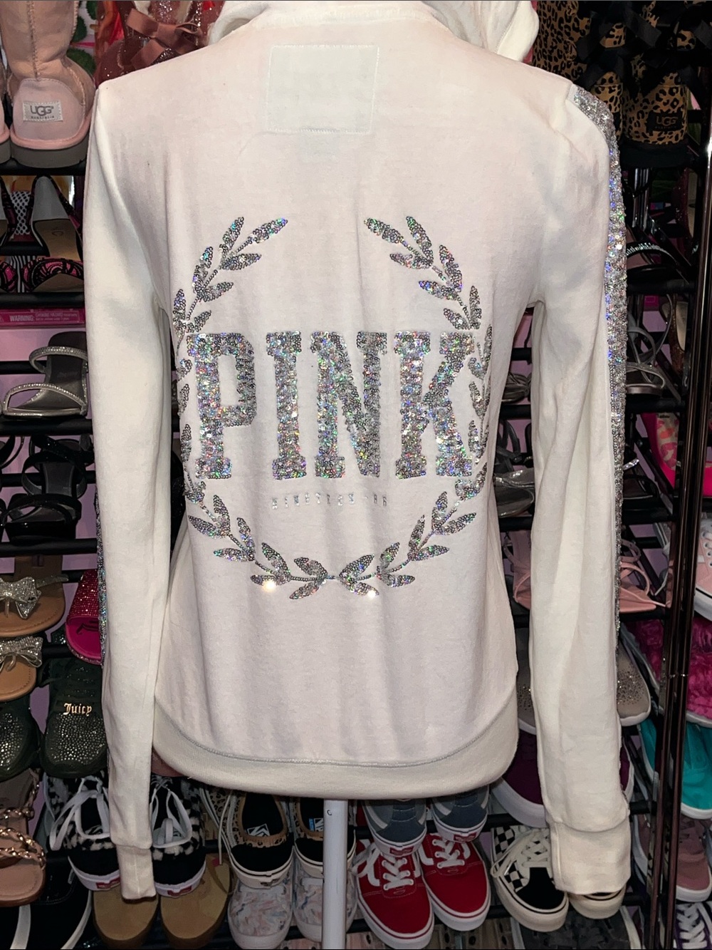 PINK Victoria's Secret Cream Zip-Up Hoodie with Sequin Arms and Back